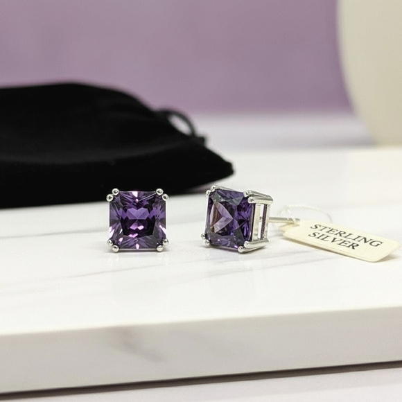 AAQUATIF 6mm Cushion Amethyst Studs • 18K White Gold & Rhodium over .925 Silver - Picture 3 of 7